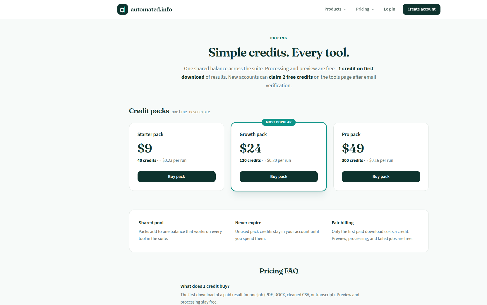 Credit packs: Starter $9, Growth $24, Pro $49
