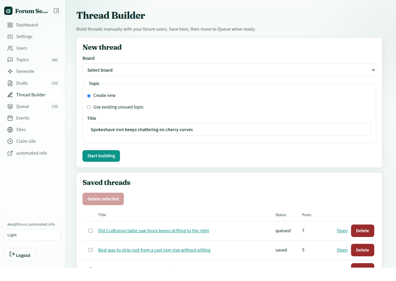 Thread Builder: new thread form and saved threads list