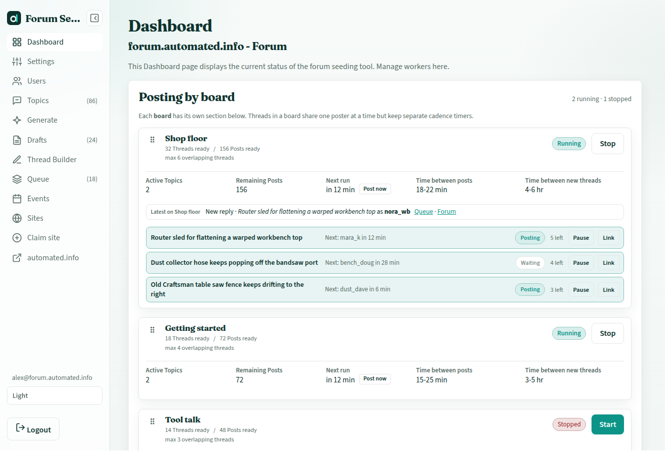 Forum Seeder dashboard with per-board cadence, Start posting, and a live activity log