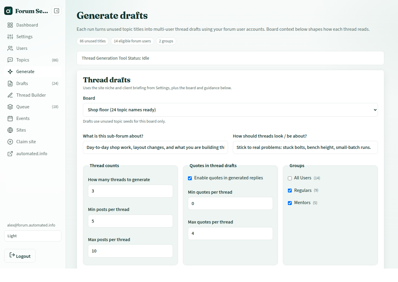 Generate drafts form with board guidance, post counts, and quote settings