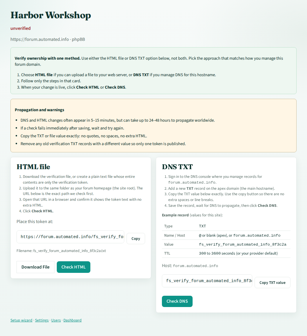 Forum Seeder ownership verification with HTML file and DNS TXT options