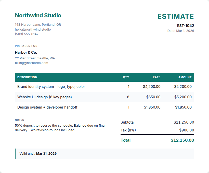 Build professional estimate PDFs in your browser - example output