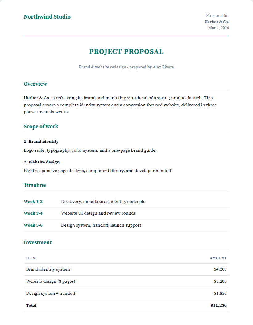 Build client proposals with live preview - PDF + DOCX - example output