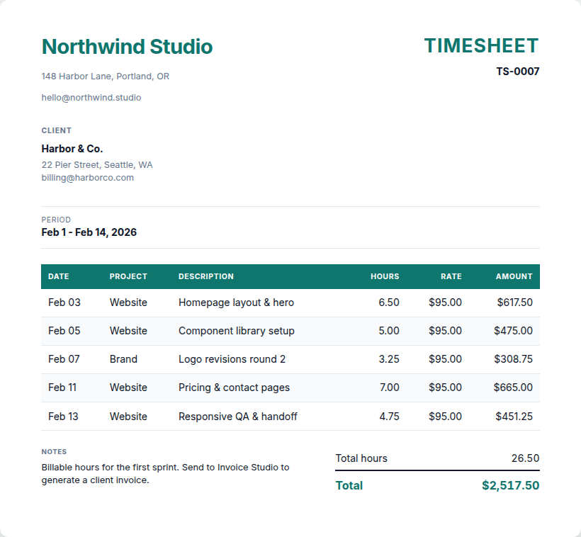 Timesheet → Invoice - example output