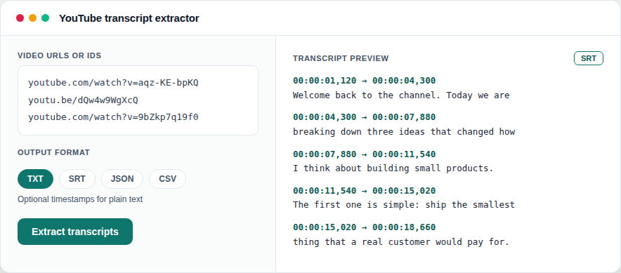 Extract YouTube transcripts in your browser - example output